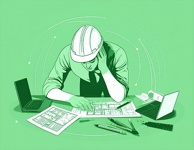 A woman is thinking behind a desk.